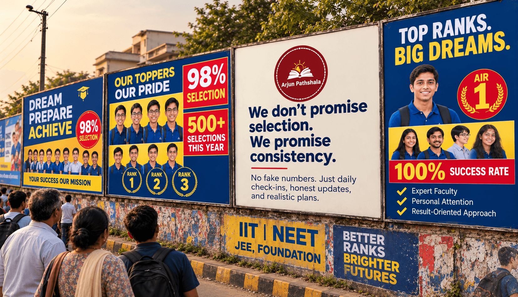 A row of coaching institute hoardings promising '98% selection' and '500+ selections' — with the Arjun Pathshala board standing out: 'We don't promise selection. We promise consistency.'